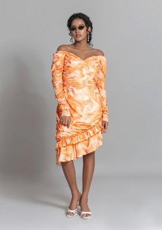 Orange Marble Print Asymmetrical Off Shoulder Mini Dress