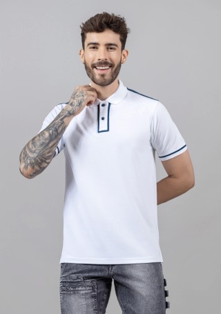 White Regular Fit Cut and Sew Men's Polo T-Shirt