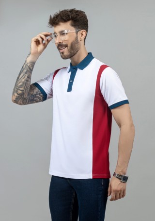 White Colourblocked Regular Fit Men's Polo T-Shirt