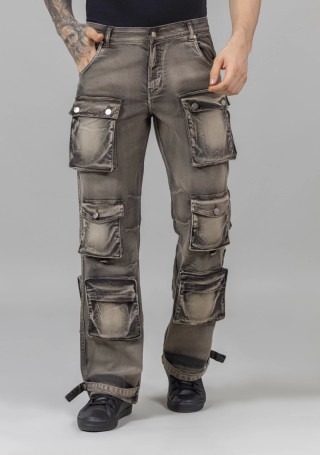 Brownish Grey  Wide Leg Men's Utility Jeans